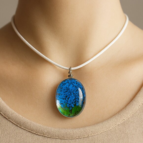 Oval-Shape Resin Blue Floral Tree Pendant Necklace 18" Whit Cord Fashion Jewelry - Picture 1 of 6